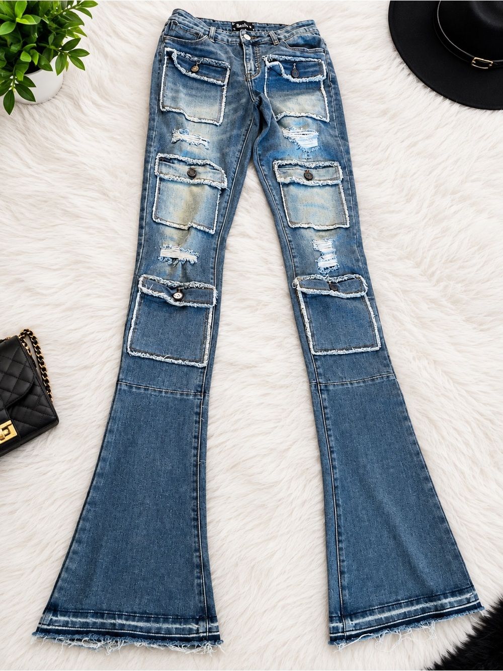 Distressed Patchwork Flare Jeans - Blue